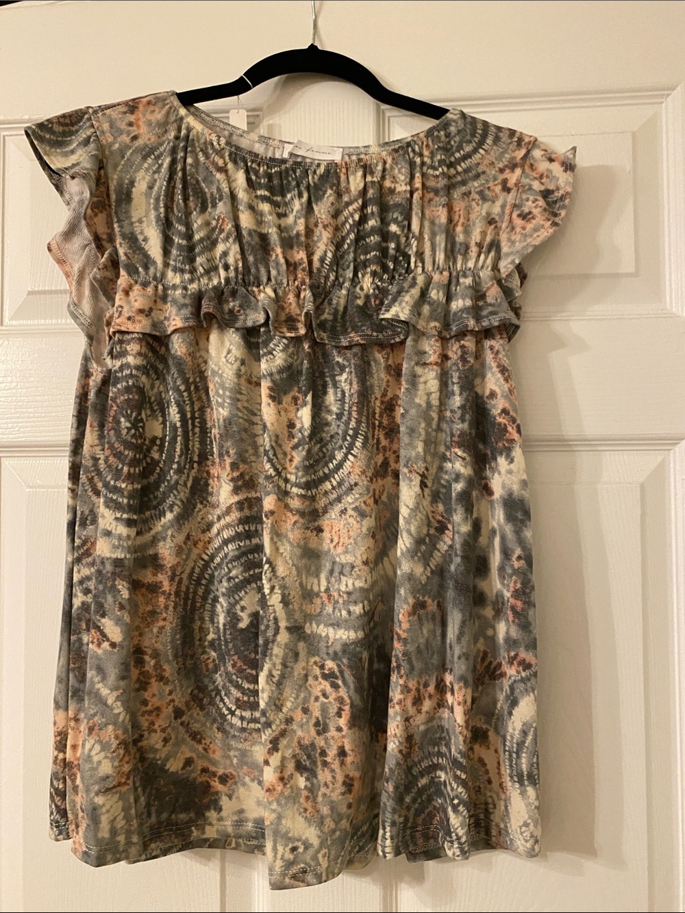 Ces Femme Ruffle Yoke Top in Gray and Cream